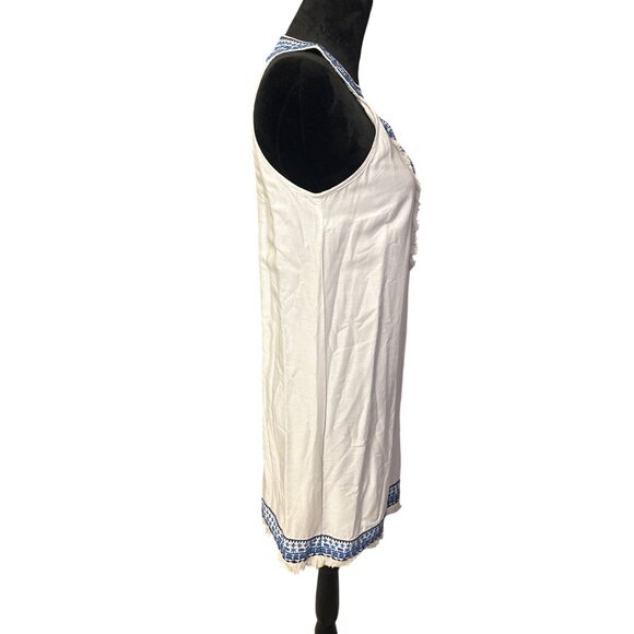 Mud Pie Sleeveless White & Blue Embroidered Shift Dress With Fringe Hem XS - Picture 3 of 4